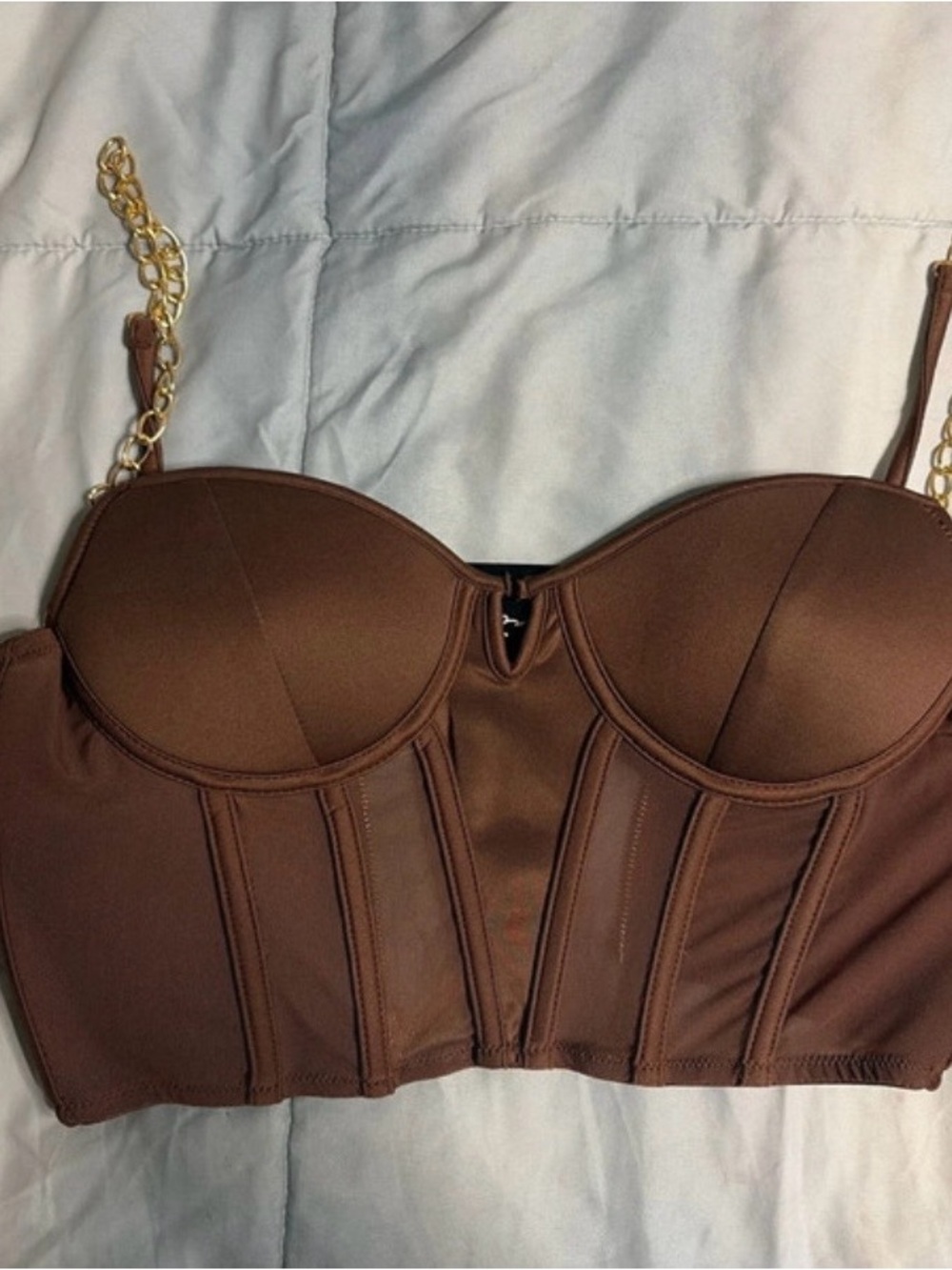 Say What? Brown Strapless Bustier with Gold Chain Straps